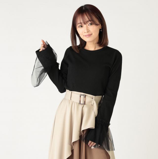 袖チュールフレアスリーブリブトップス