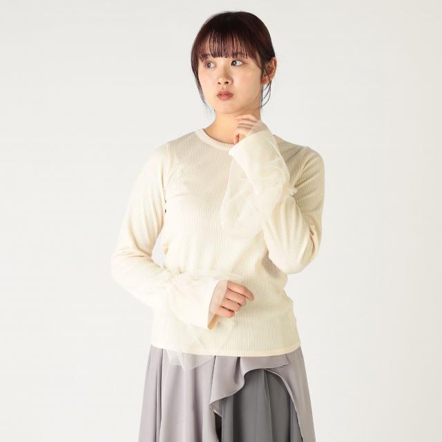 袖チュールフレアスリーブリブトップス