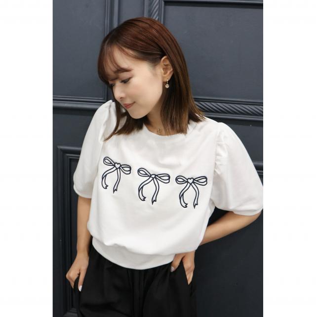 T/Cミニ裏毛　リボン刺繍半袖トップス