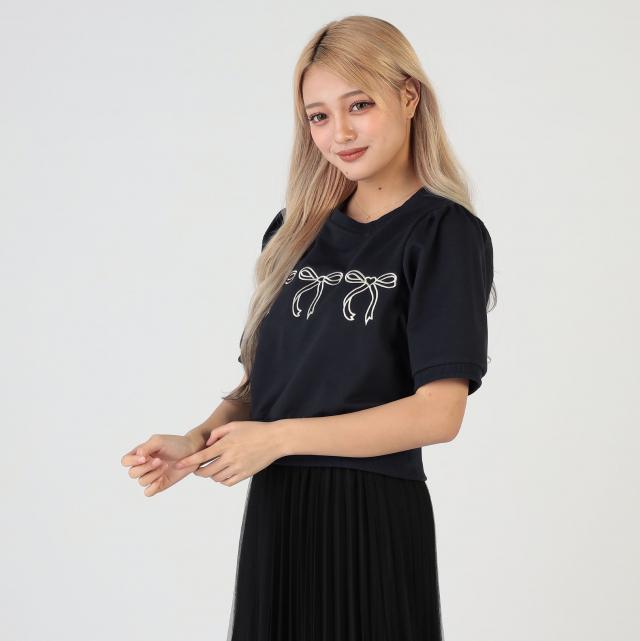 T/Cミニ裏毛　リボン刺繍半袖トップス