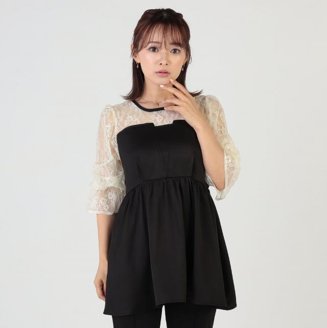 レース切替えペプラムキャンディースリーブトップス