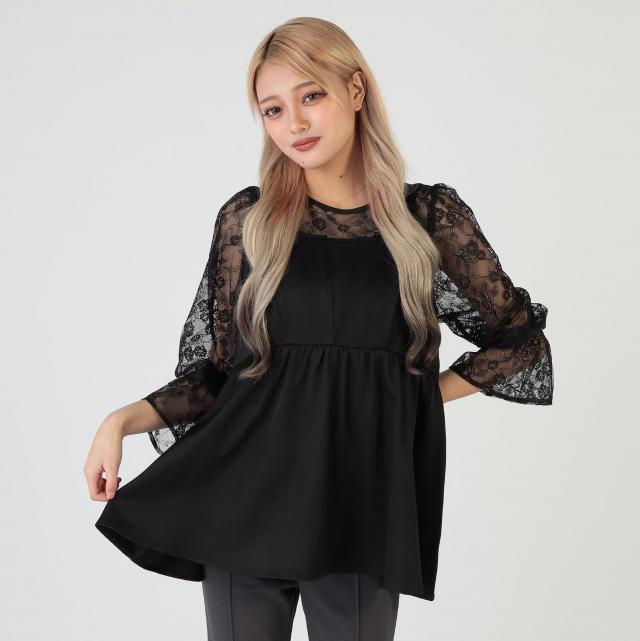 レース切替えペプラムキャンディースリーブトップス