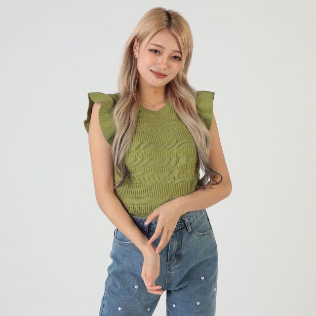 接触冷感ウォッシャブル　切替アイレット袖フリルプルオーバー