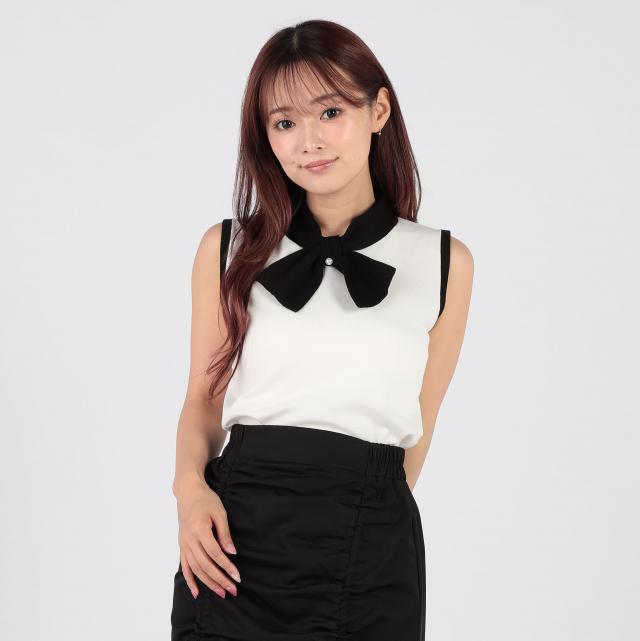 接触冷感ウォッシャブル　パール付き配色リボンプルオーバー