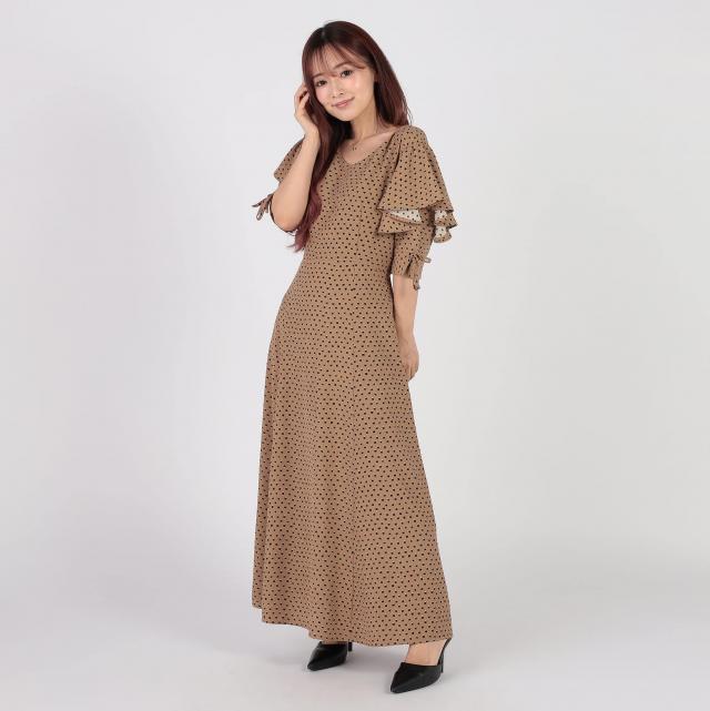 変形ドット柄肩フリルワンピース