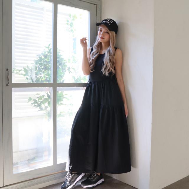 異素材ウエスト切替えノースリーブフレアワンピース