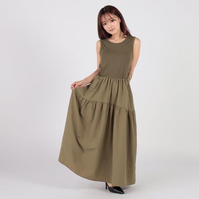 異素材ウエスト切替えノースリーブフレアワンピース