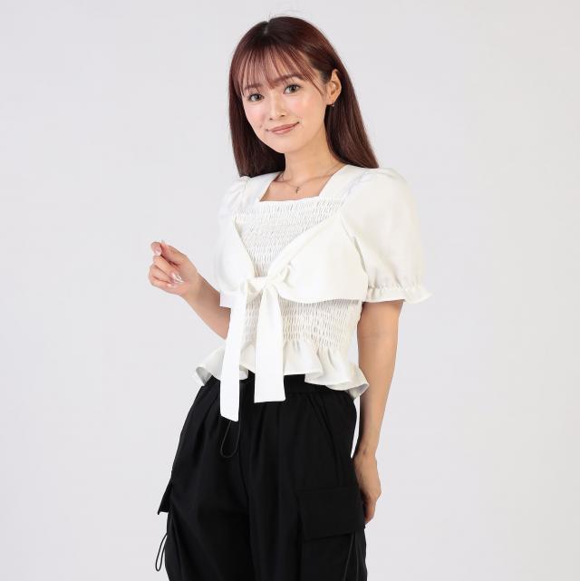 シャーリングリボンブラウス