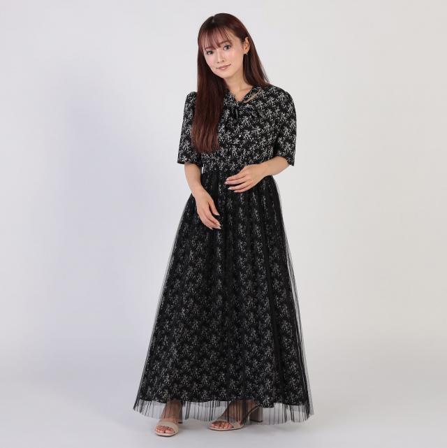 花柄チュールレイヤードプリーツワンピース