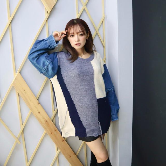 デニムスリーブ配色ニットプルオーバー