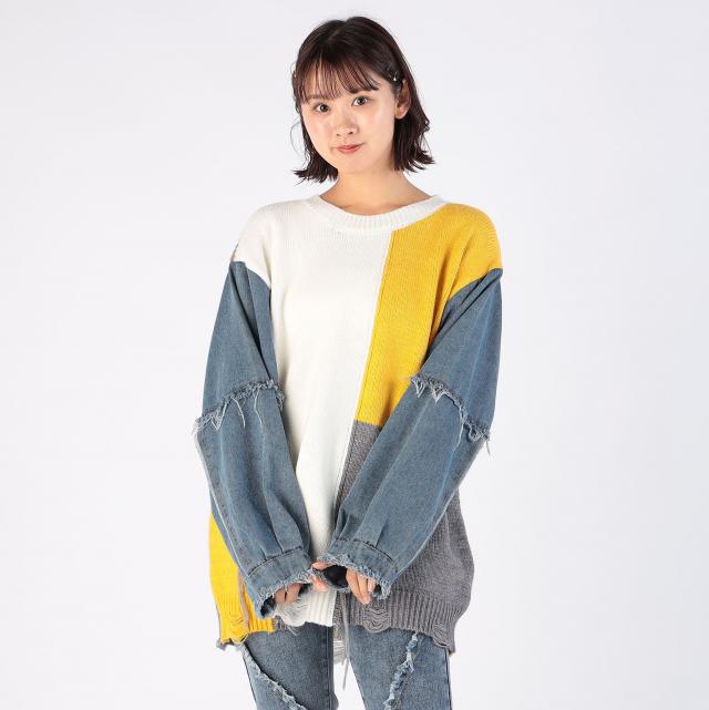 デニムスリーブ配色ニットプルオーバー