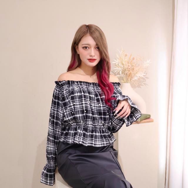 チェックランダムパール付きキャンディーブラウス