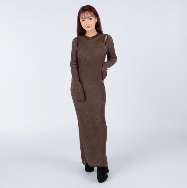 配色編みショルダーオープンフィンガーホール付きニットワンピース