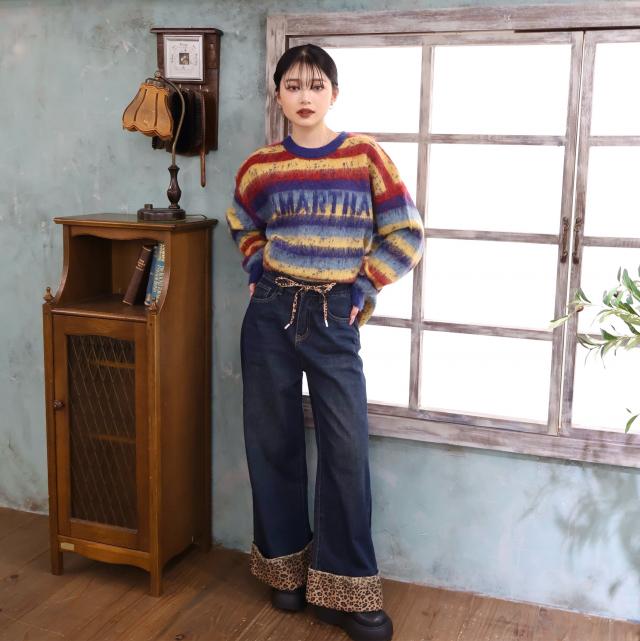 レオパード柄切替えデニムパンツ