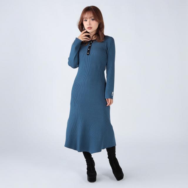 パール釦ポロ衿ニットワンピース