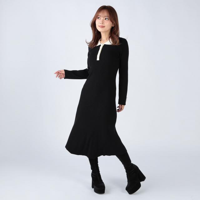 パール釦ポロ衿ニットワンピース