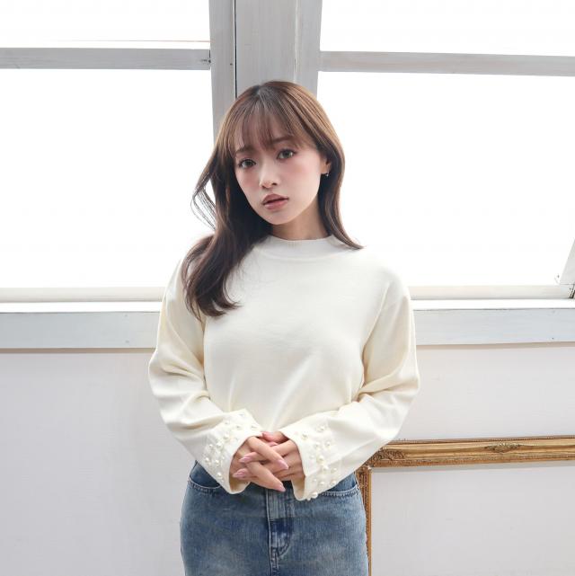 袖口パール付きプルオーバー