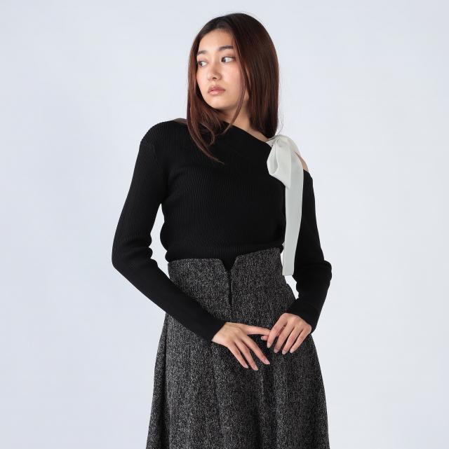 ウォッシャブル麻タッチレーヨンワンショルダーリボンプルオーバー