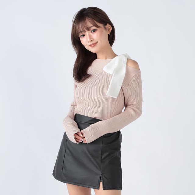 ウォッシャブル麻タッチレーヨンワンショルダーリボンプルオーバー