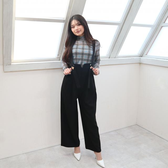 変形ボタンハイウエストサロペット