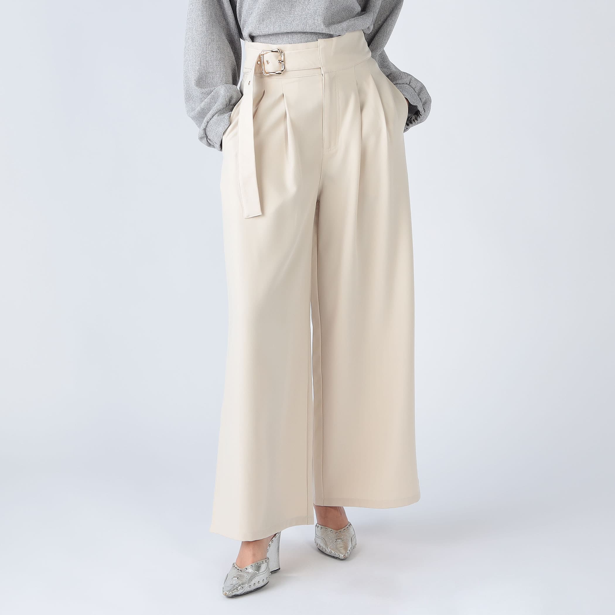 ウエストベルトデザインワイドパンツ