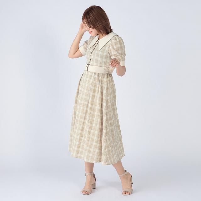 チェック柄ベルト付きワンピース