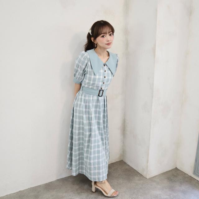 チェック柄ベルト付きワンピース