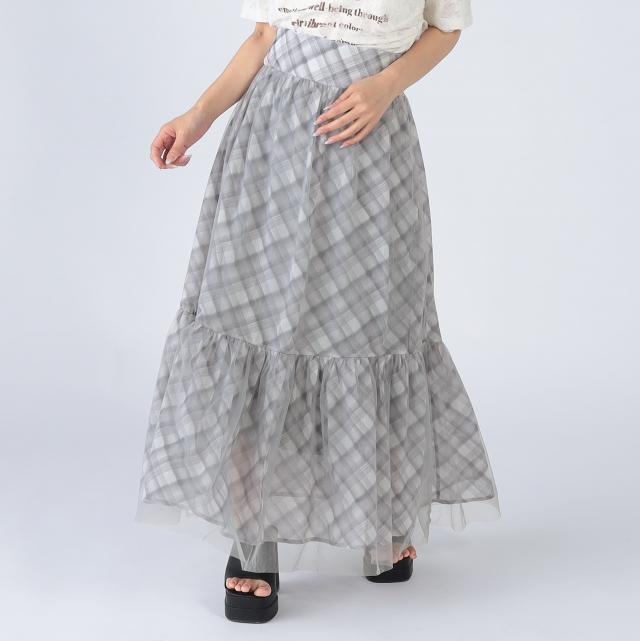チェック柄チュールレイヤードティアードスカート