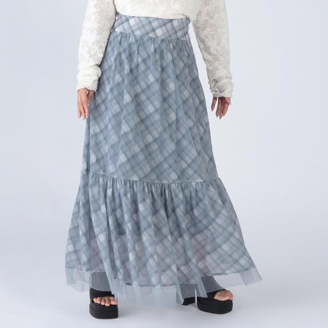 チェック柄チュールレイヤードティアードスカート