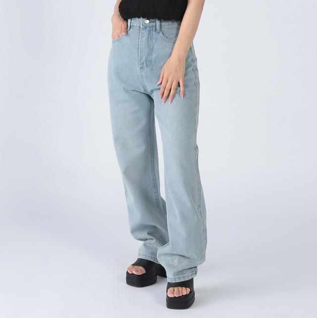 ラインストーン付きワイドデニムパンツ