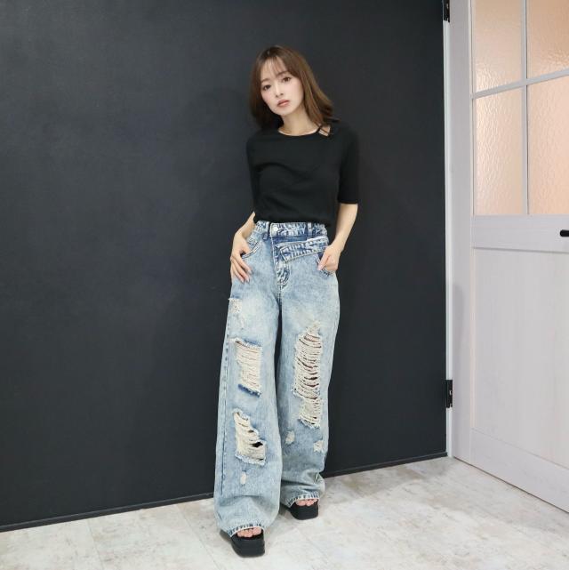 ダブルウエストデザインダメージデニムパンツ