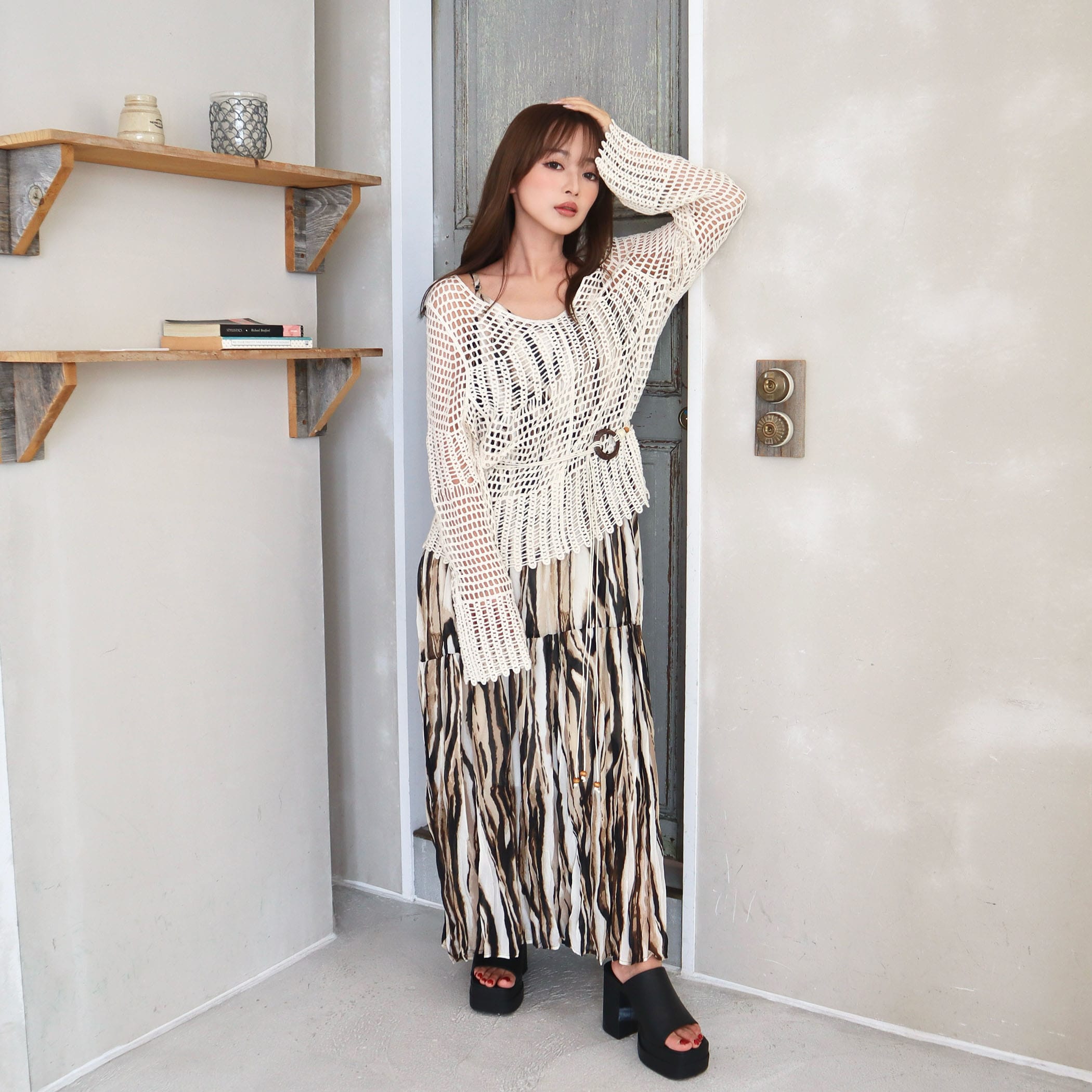 かぎ針編みニット長袖トップス&キャミワンピSET