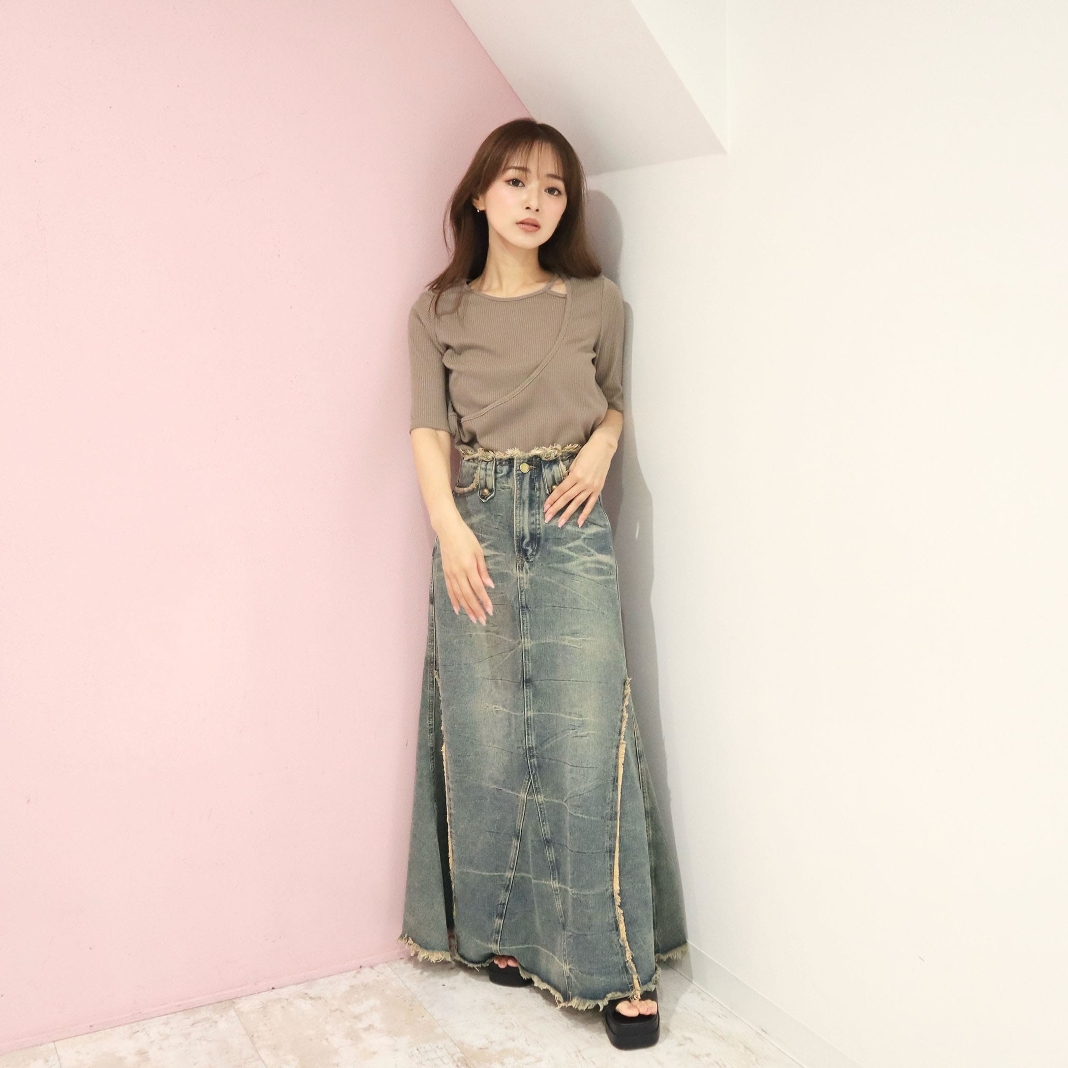 サイド切替デニムロングスカート