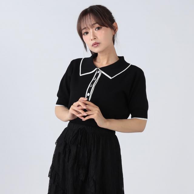 接触冷感ウォッシャブル配色ライン入りポロ衿ニット