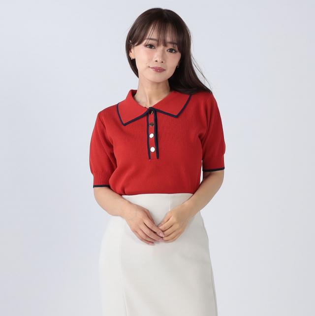 接触冷感ウォッシャブル配色ライン入りポロ衿ニット