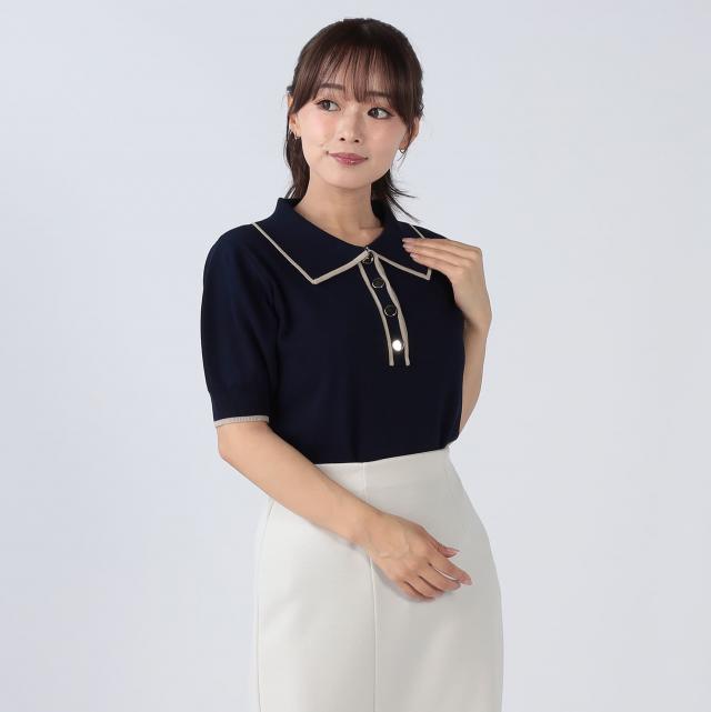 接触冷感ウォッシャブル配色ライン入りポロ衿ニット