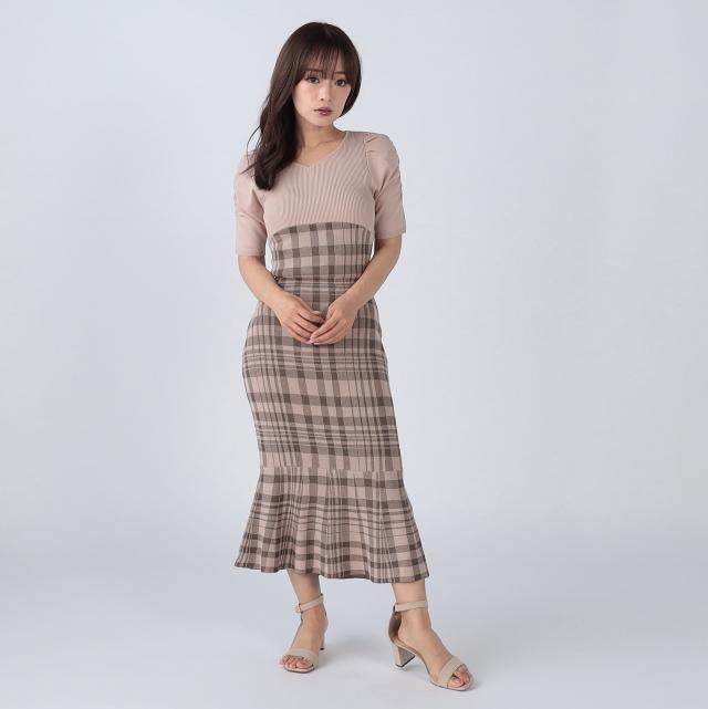 チェックジャガード切替えマーメイドワンピース