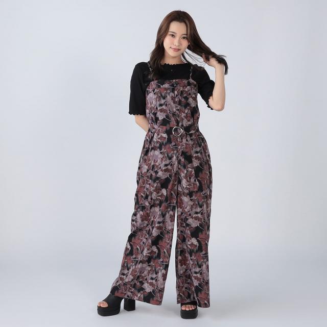 フラワープリントベルト付きサロペット