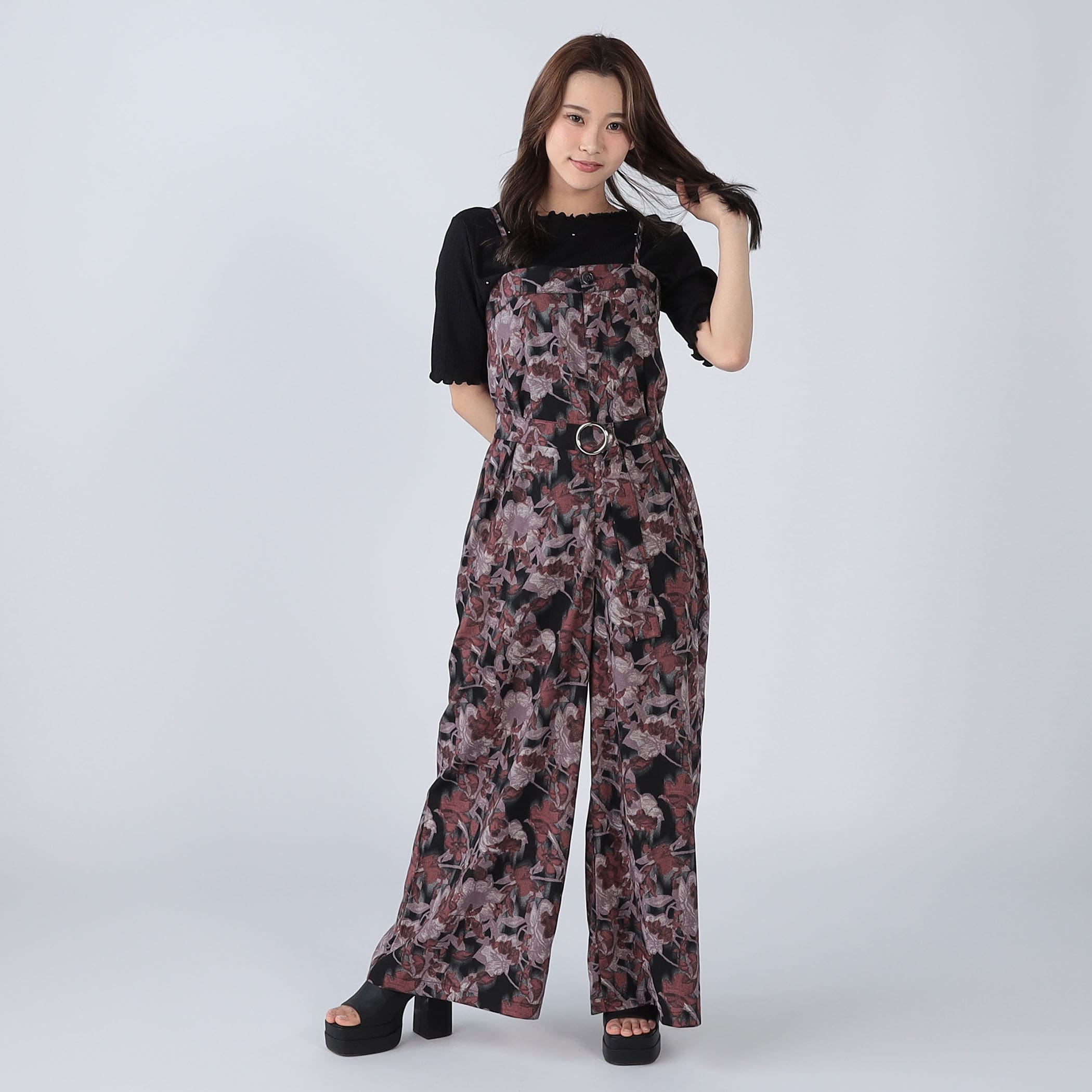 フラワープリントベルト付きサロペット