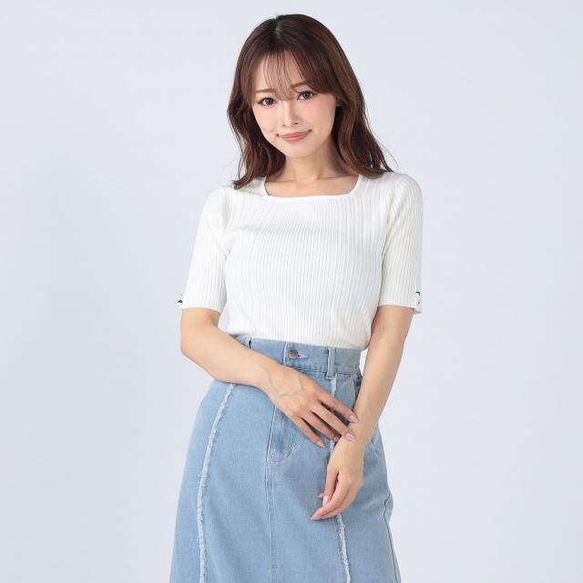 接触冷感ｘウォッシャブル　スクエアネックランダムリブプルオーバー