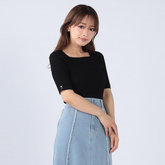 接触冷感ｘウォッシャブル　スクエアネックランダムリブプルオーバー