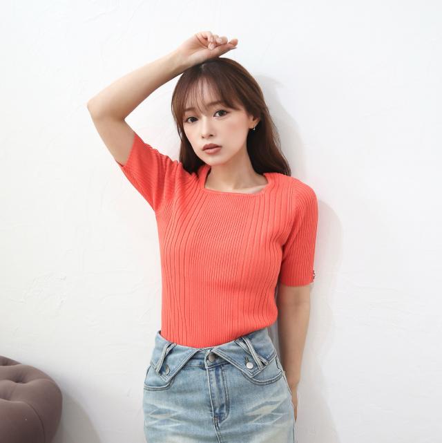 接触冷感ｘウォッシャブル　スクエアネックランダムリブプルオーバー