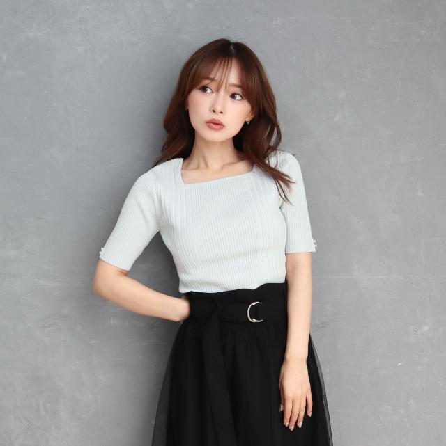 接触冷感ｘウォッシャブル　スクエアネックランダムリブプルオーバー