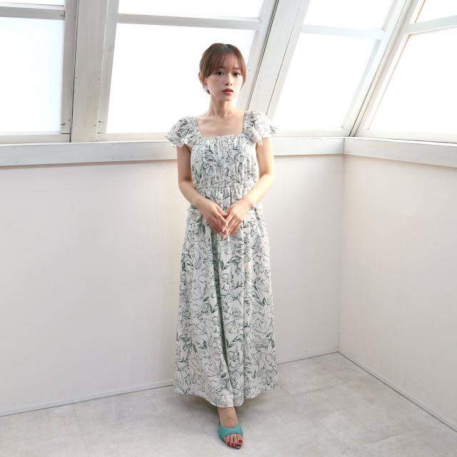 線花フレアー袖バックリボンワンピース