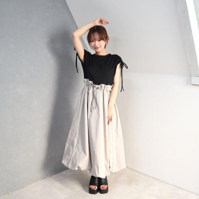 リブｘサイドレース付きバルーンスカートドッキングワンピース