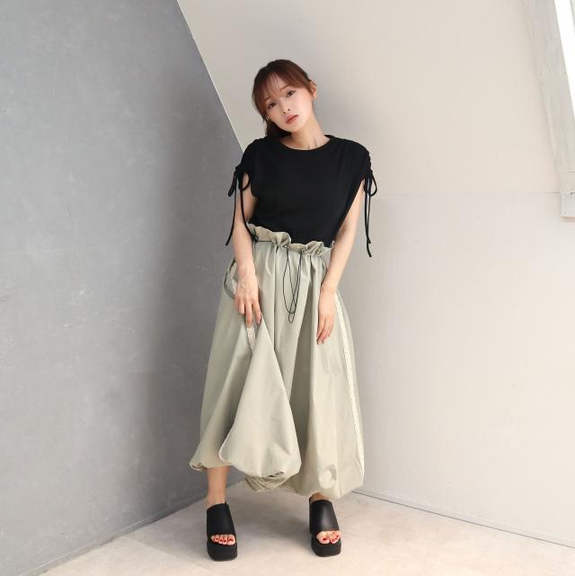 リブｘサイドレース付きバルーンスカートドッキングワンピース