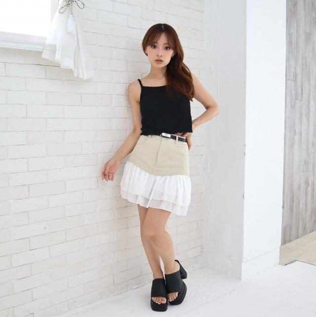 ベルト付き配色フリルスカパン