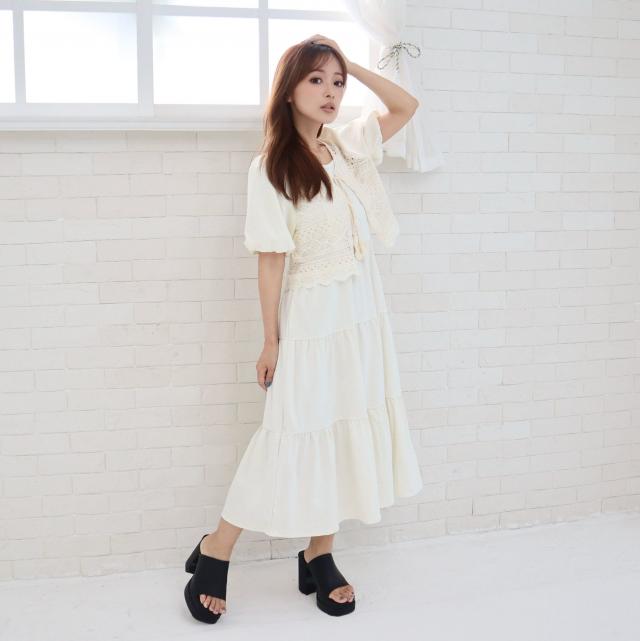 ラッセルバルーン袖カーディガンｘティアードキャミワンピースSET