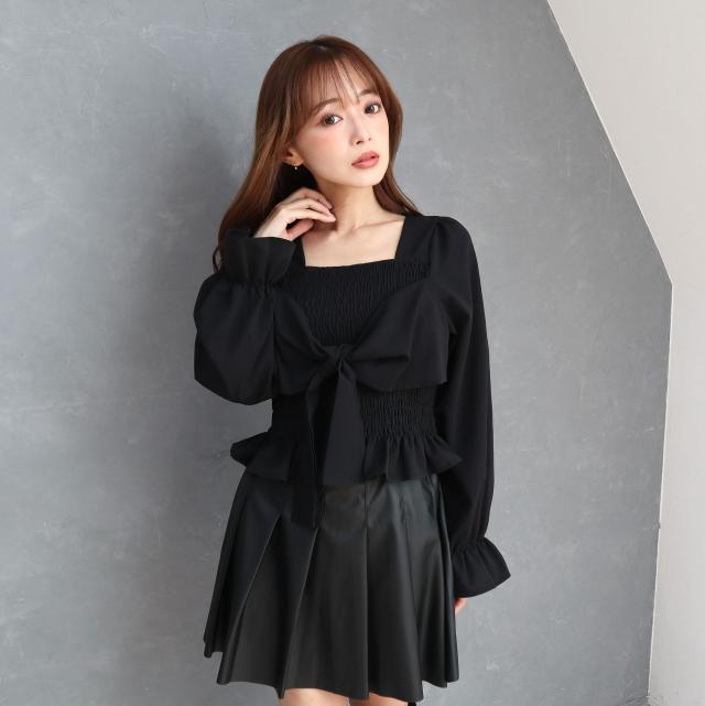 フロントリボンシャーリングブラウス