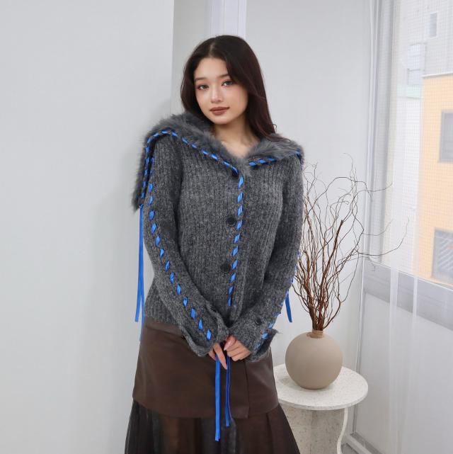 ファー付きニットアシメカーディガン